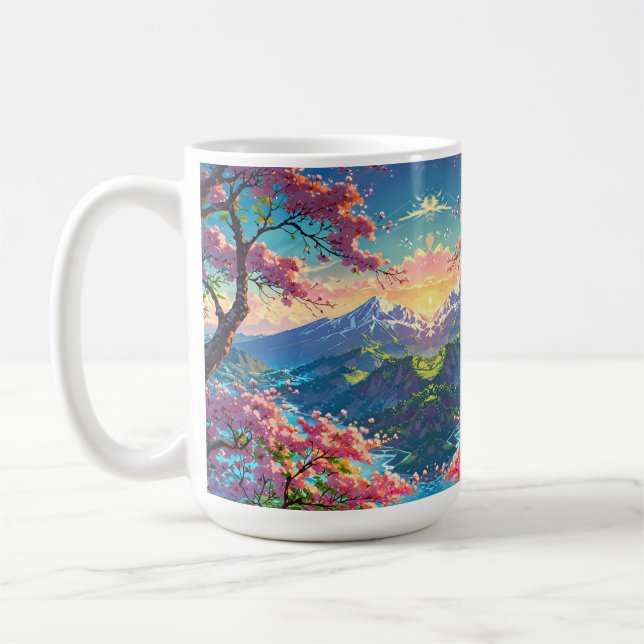 Sunset Over Snow Capped Mountain and Blossoming Coffee Mug (Left)