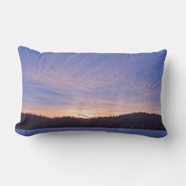 Sunset over Snow-covered Winter Lake & Trees Lumbar Cushion (Front)