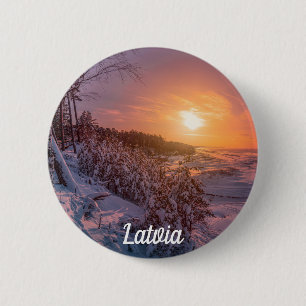 Sunset over snow sea coast 6 cm round badge