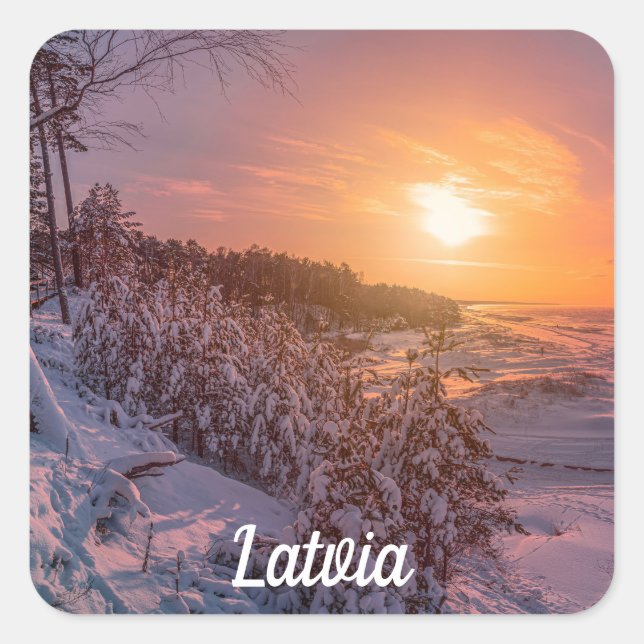 Sunset over snow sea coast square sticker (Front)