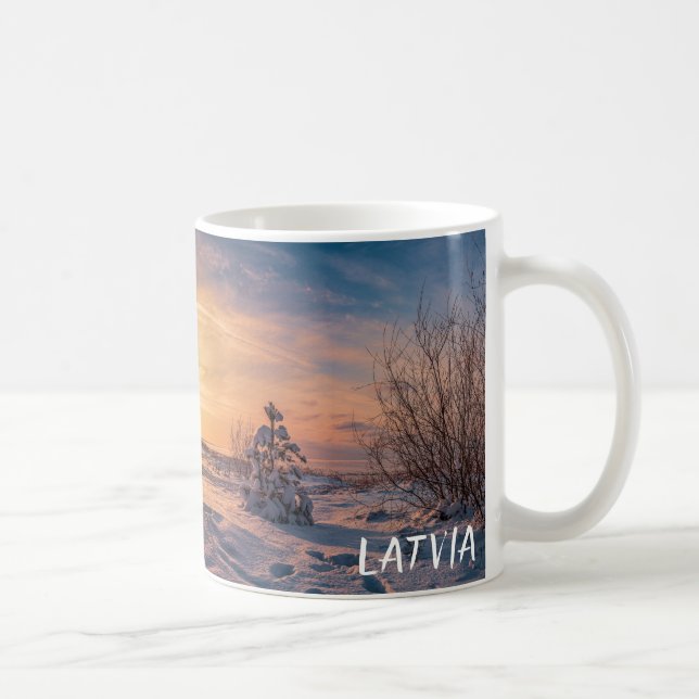 Sunset over snowy winter sea coast coffee mug (Right)