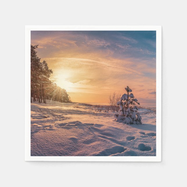 Sunset over snowy winter sea coast napkin (Front)