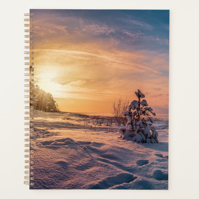 Sunset over snowy winter sea coast planner (Front)