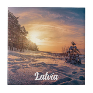 Sunset over snowy winter sea coast tile