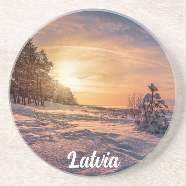 Sunset over snowy winter seacoast coaster (Front)