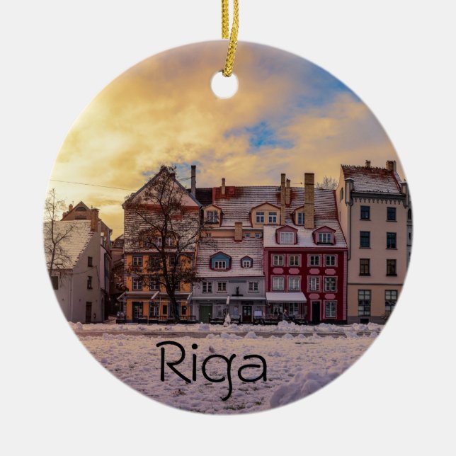 Sunset over street in Riga Ceramic Tree Decoration (Front)
