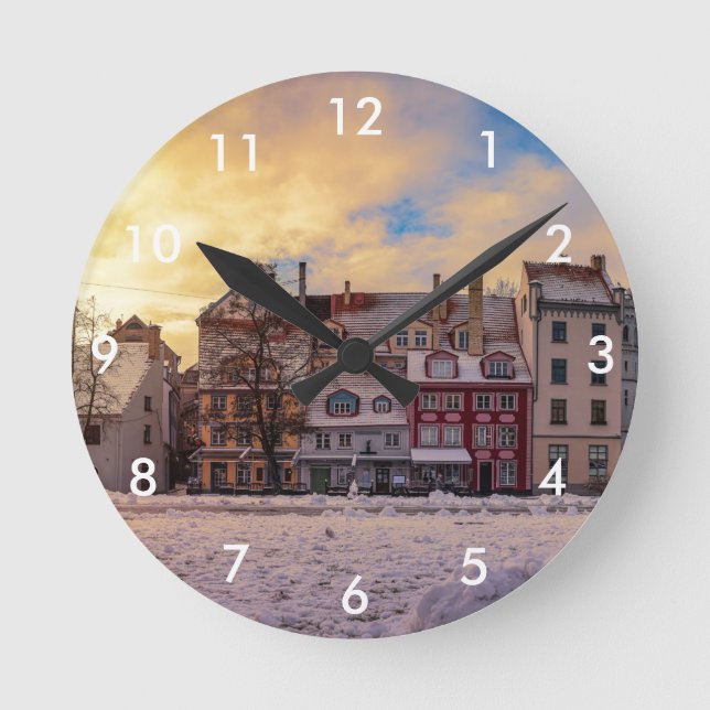Sunset over street in Riga Round Clock (Front)