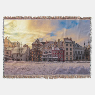 Sunset over street in Riga Throw Blanket