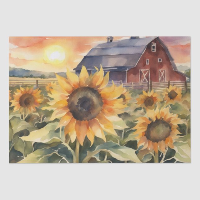 Sunset Over Sunflower Fields watercolor Decoupage  Tissue Paper (Front)