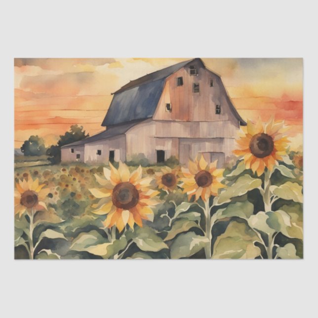 Sunset Over Sunflower Fields watercolor Decoupage  Tissue Paper (Front)