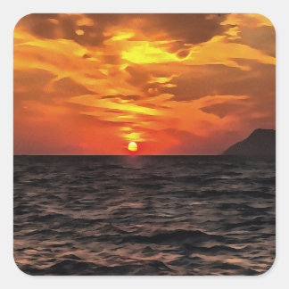 Sunset Over The Aegean Sea Landscape Painting Square Sticker