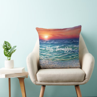 Sunset over the blue turquoise waters cushion