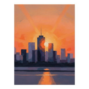 Sunset Over the City a Modern Urban Skyline Art Poster