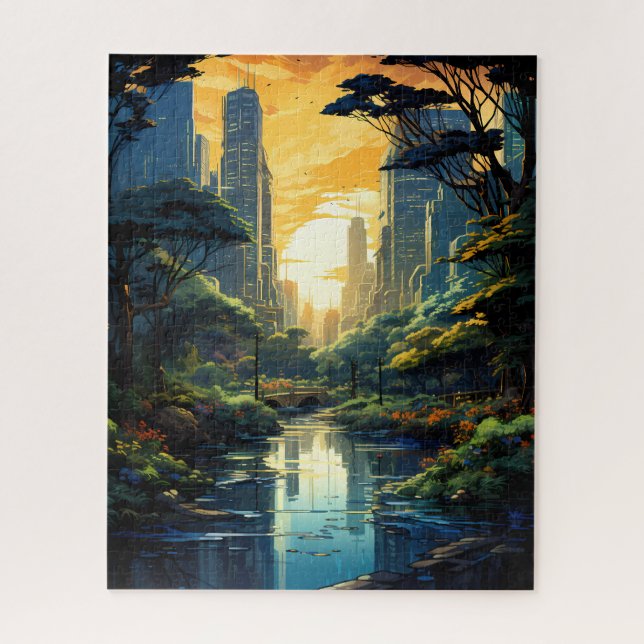 Sunset Over the City Park Jigsaw Puzzle (Vertical)