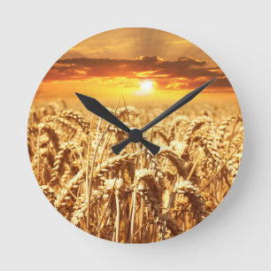 Sunset Over The Cornfield Round Clock