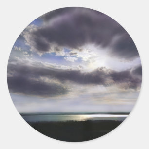 Sunset over the lake classic round sticker