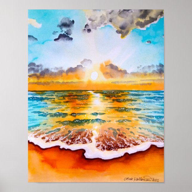 Sunset over the Ocean - Watercolor Art Print (Front)