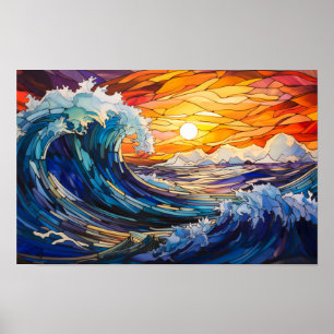 Sunset over the storming ocean, stained glass Poster