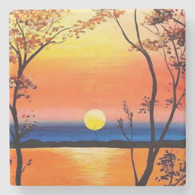 Sunset Over the Water Fine Art Stone Coaster (Front)