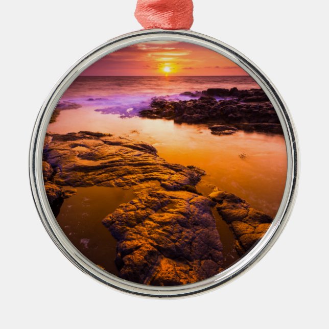 Sunset over tide pools, Hawaii Metal Tree Decoration (Front)
