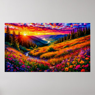 Sunset Over Wildflower Meadow 🌅 Colorful Mosaic Poster