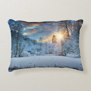 Sunset Over Winter Forest Lake Decorative Cushion
