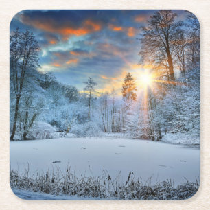 Sunset Over Winter Forest Lake Square Paper Coaster