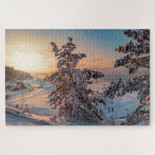 Sunset over winter snowy sea coast jigsaw puzzle
