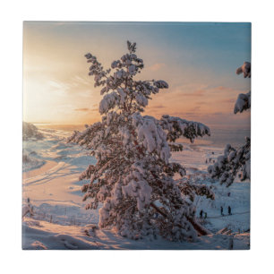 Sunset over winter snowy sea coast tile