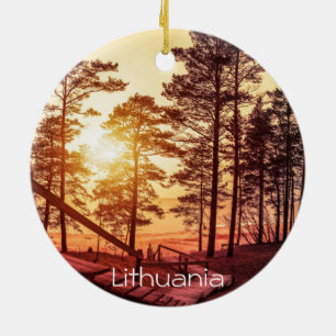 Sunset over wooden path in pine forest ceramic tree decoration