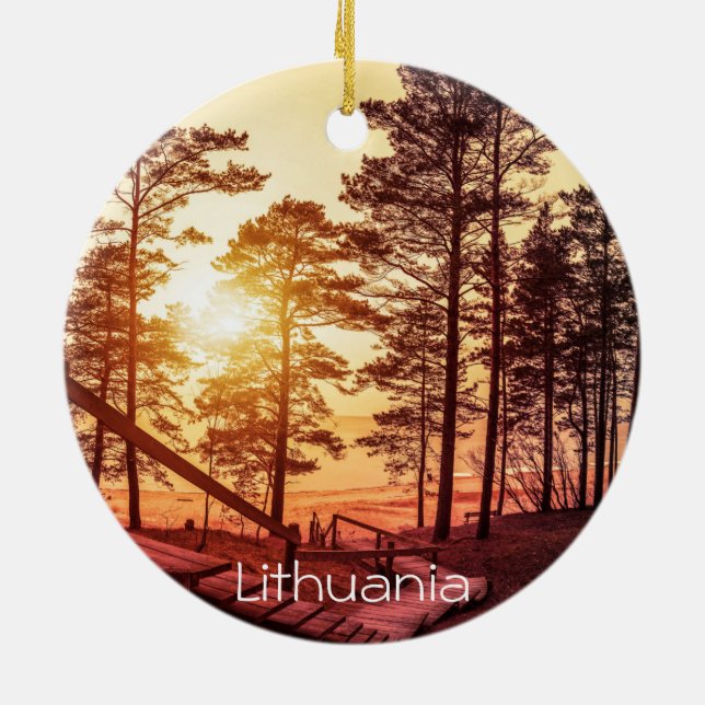 Sunset over wooden path in pine forest ceramic tree decoration (Back)