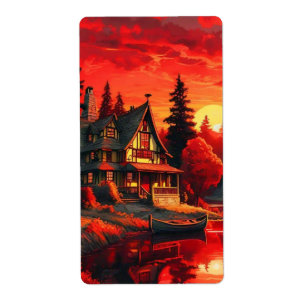 Sunset Painting with Cottage and Lake-66633