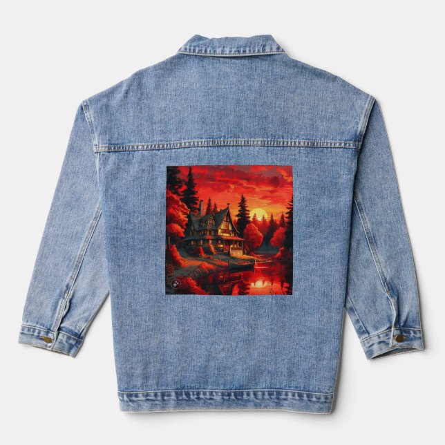Sunset Painting with Cottage and Lake-66633 Denim Jacket (Back)