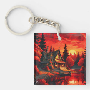 Sunset Painting with Cottage and Lake-66633 Key Ring