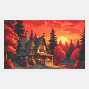Sunset Painting with Cottage and Lake-66633 Rectangular Sticker