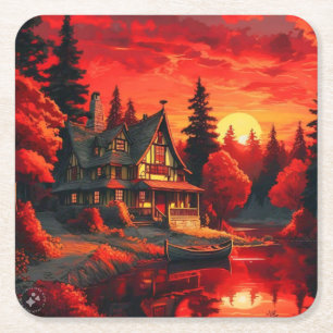 Sunset Painting with Cottage and Lake-66633 Square Paper Coaster