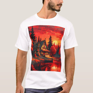 Sunset Painting with Cottage and Lake-66633 T-Shirt
