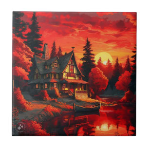 Sunset Painting with Cottage and Lake-66633 Tile