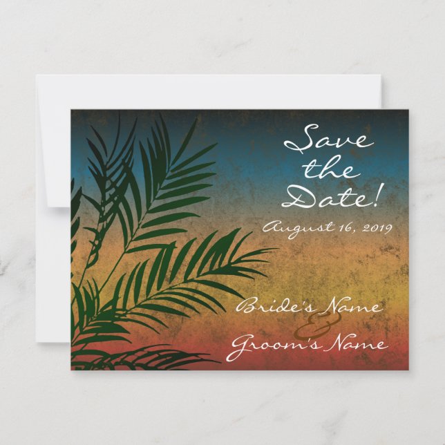 Sunset Palm Tree Branch Save the Date Invitation (Front)