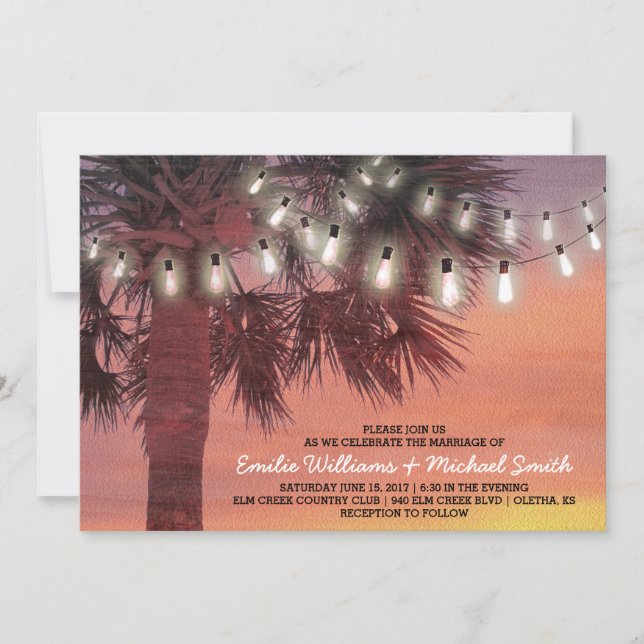Sunset Palm Tree String Lights Wedding Invitation (Front)