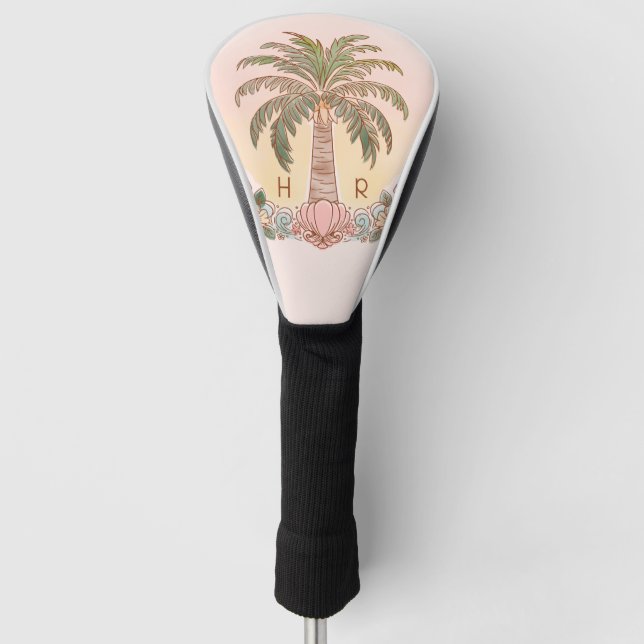 Sunset Palm Tree Watercolor Monogram Pink Golf Head Cover (Front)