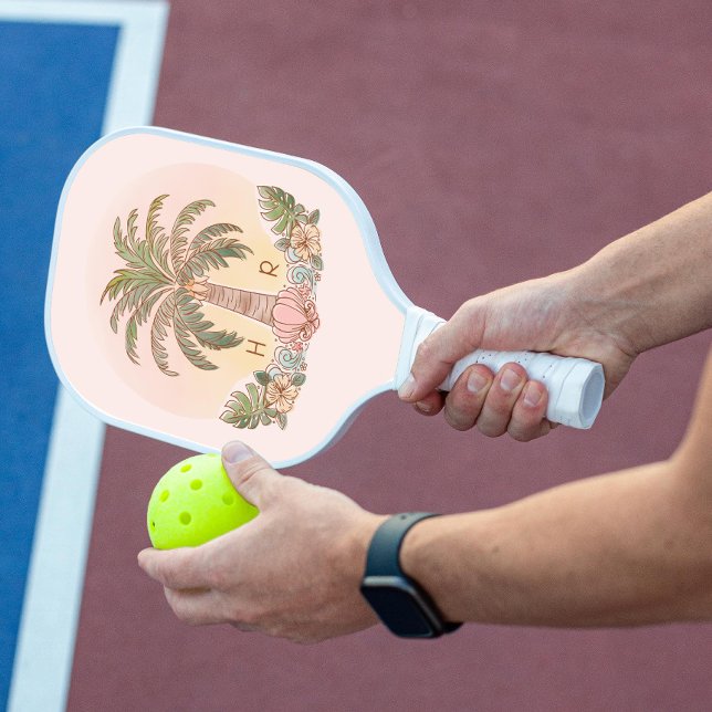 Sunset Palm Tree Watercolor Monogram Pink Pickleball Paddle (Creator Uploaded)