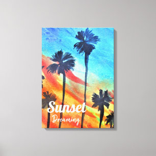 Sunset Palm trees beach surf art Canvas Print