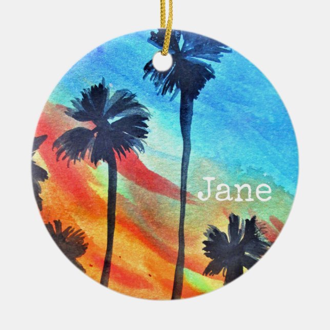 Sunset Palm trees beach surf art Ceramic Tree Decoration (Front)