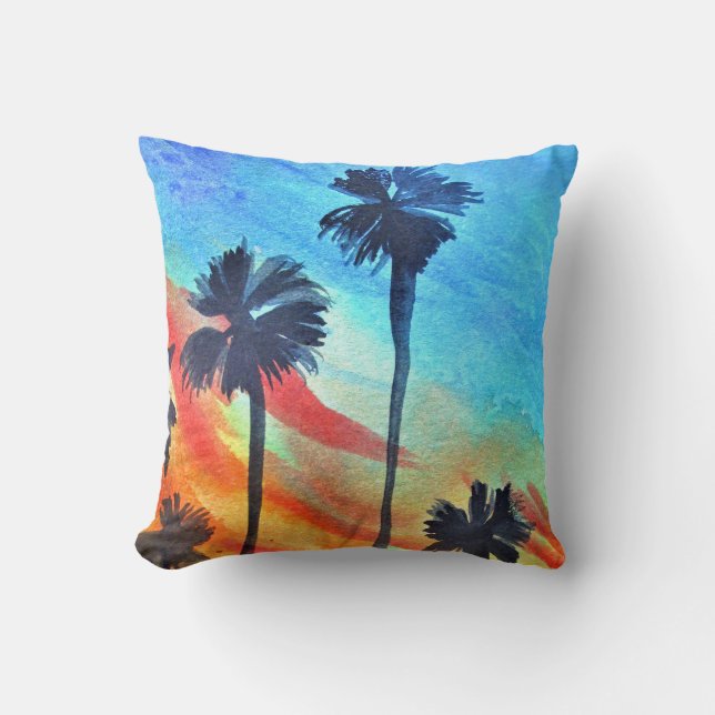 Sunset Palm trees beach surf art Cushion (Front)