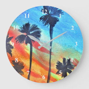 Sunset Palm trees beach surf art Large Clock
