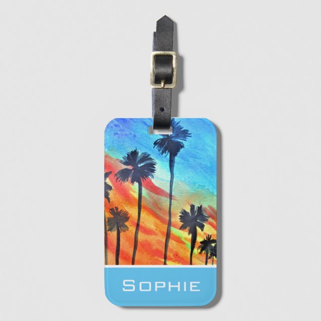 Sunset Palm trees beach surf art Luggage Tag (Front Vertical)