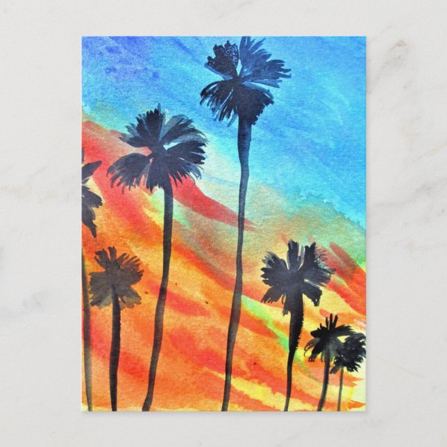 Sunset Palm trees beach surf art Postcard (Front)