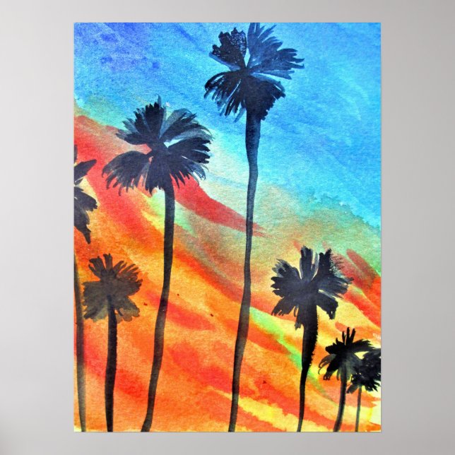 Sunset Palm trees beach surf art Poster (Front)