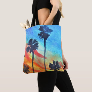 Sunset Palm trees beach surf art Tote Bag